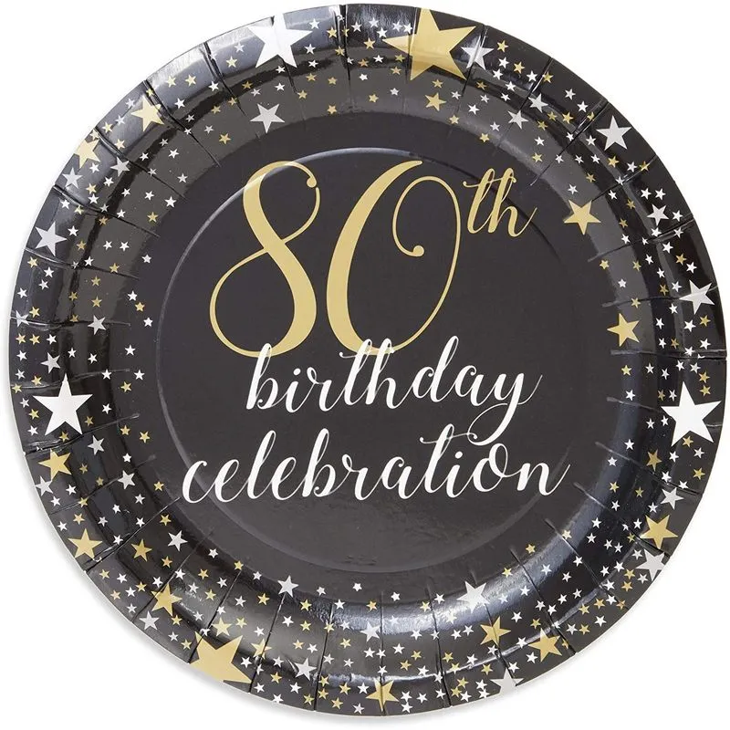 Paper Plates for 80th Birthday Party, Gold Foil (Black, 7 Inches, 80 Pack)