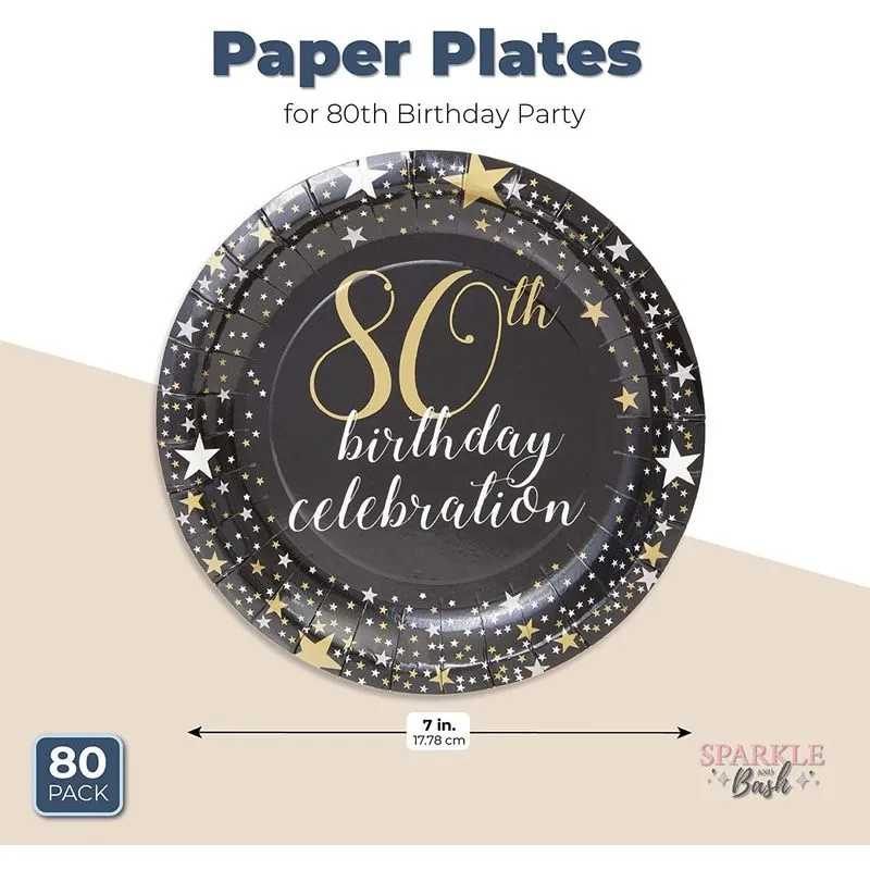 Paper Plates for 80th Birthday Party, Gold Foil (Black, 7 Inches, 80 Pack)