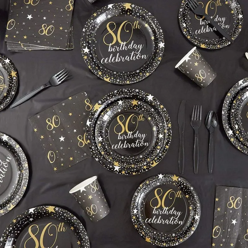 Paper Plates for 80th Birthday Party, Gold Foil (Black, 7 Inches, 80 Pack)