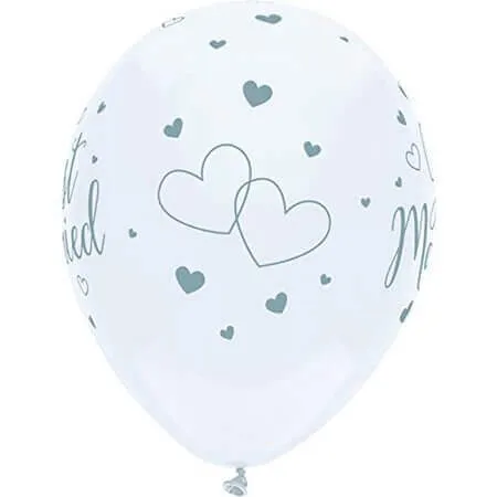 PartyMate - 12" White Just Married Hearts Latex Balloons (6ct)