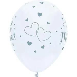 PartyMate - 12" White Just Married Hearts Latex Balloons (6ct)