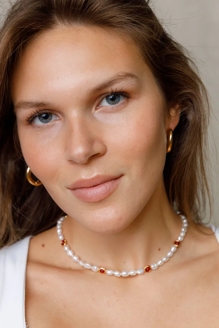 RUBY BUTTON FRESH WATER PEARLS NECKLACE