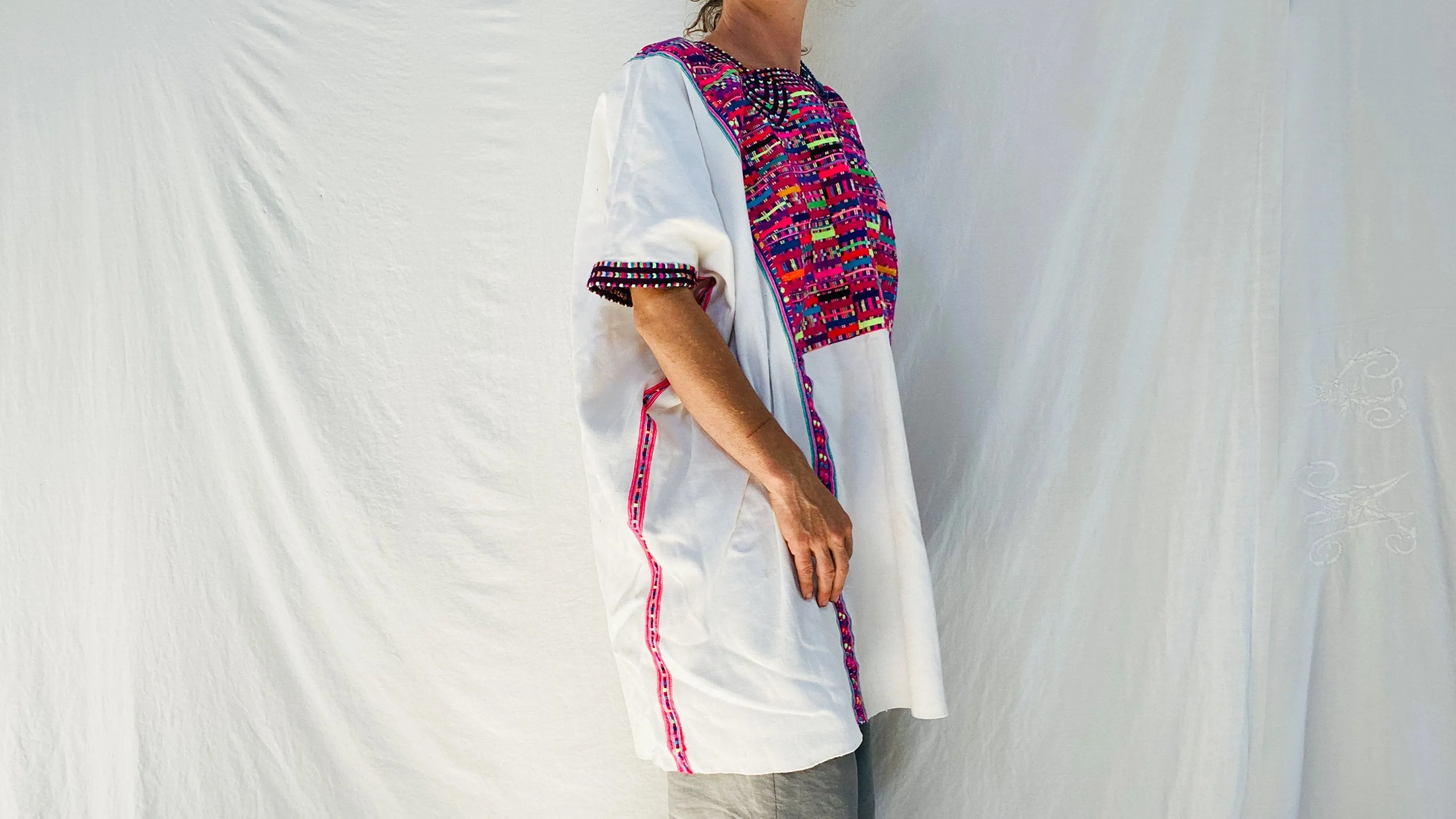 Vintage Cancuc Mexican Huipil. Vibrant Mayan Textile