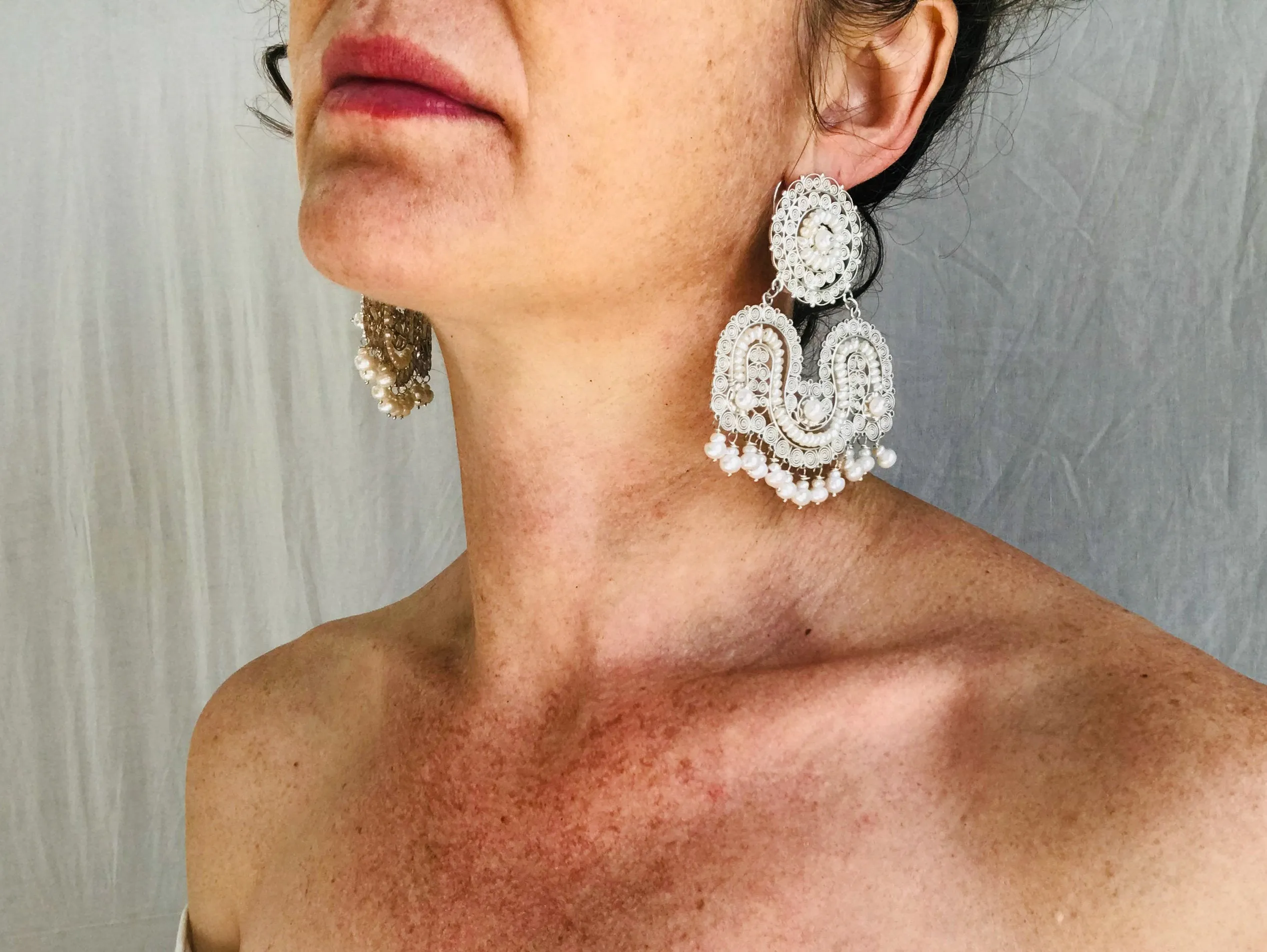 Vintage Oaxacan Filigree Earrings With Pearl. Sterling Silver. Mexico. Frida Kahlo